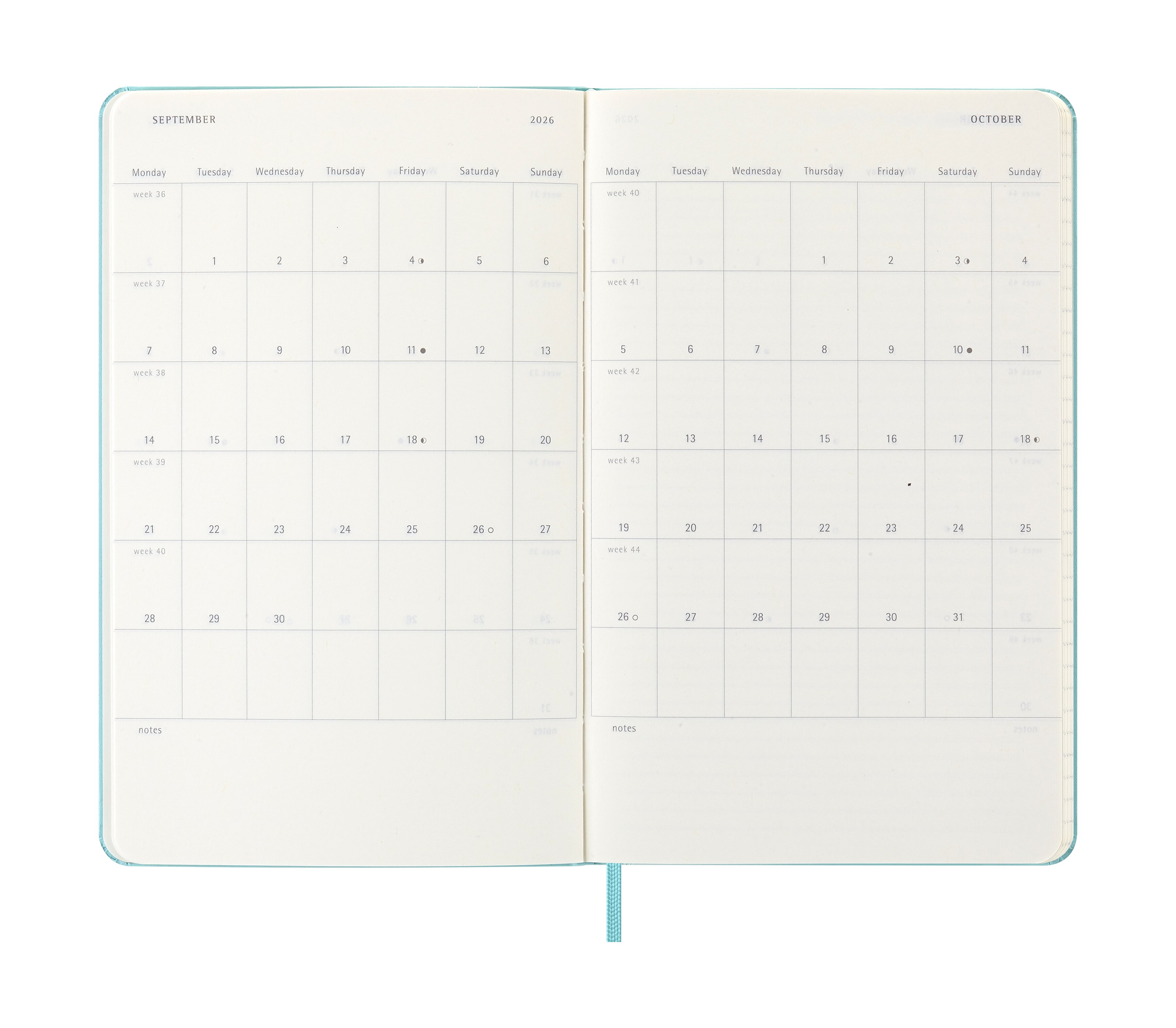 Agenda large 2026 semana vista tapa dura Moleskine turquesa en inglés 5