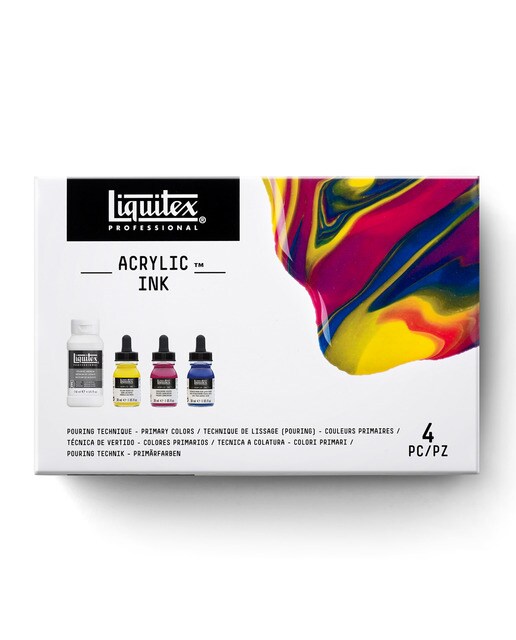 Conjunto de técnica derrame com 3 tintas acrílicas de 30 ml e 1 Médio de alisamento de 118 ml Cores primárias 1