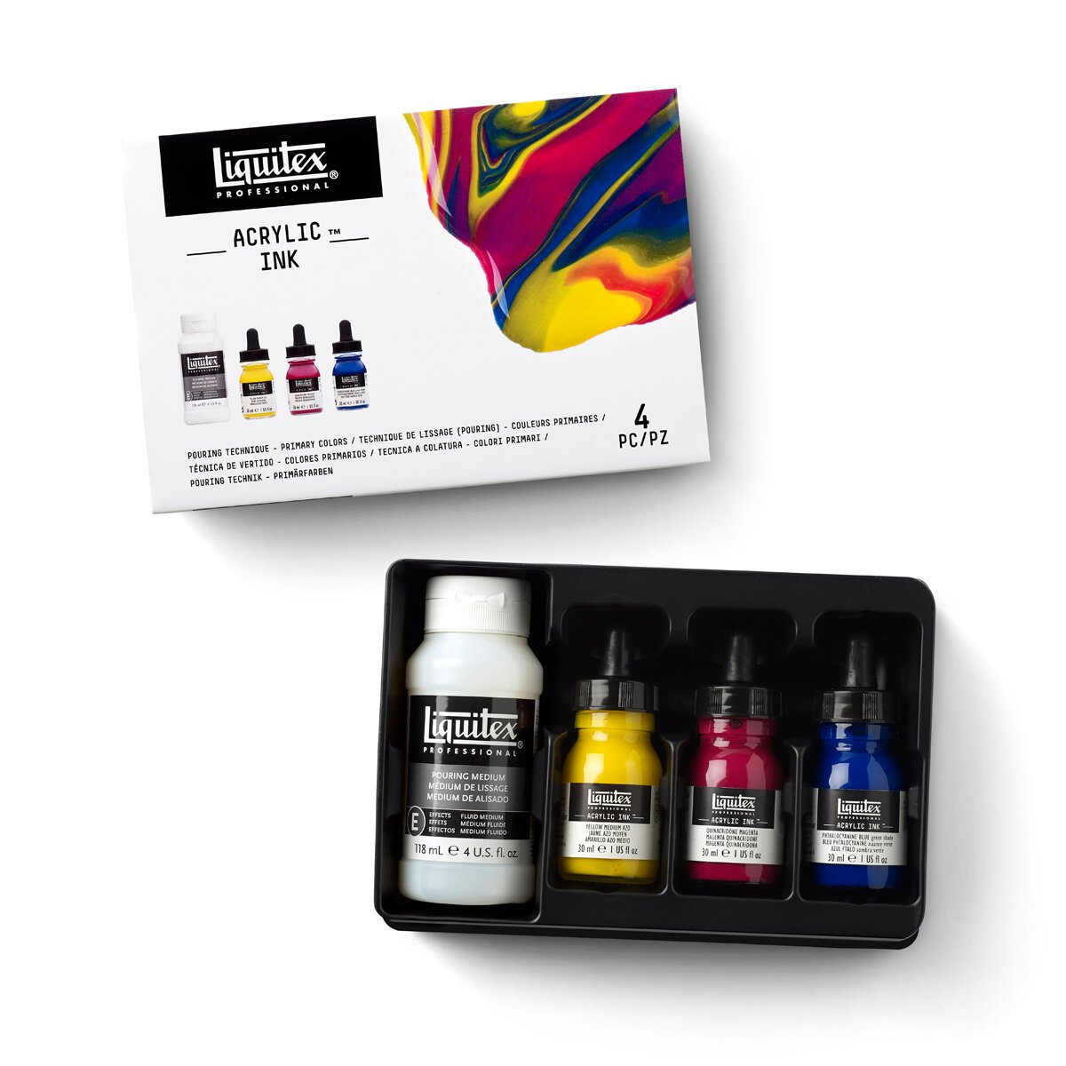 Conjunto de técnica derrame com 3 tintas acrílicas de 30 ml e 1 Médio de alisamento de 118 ml Cores primárias 3