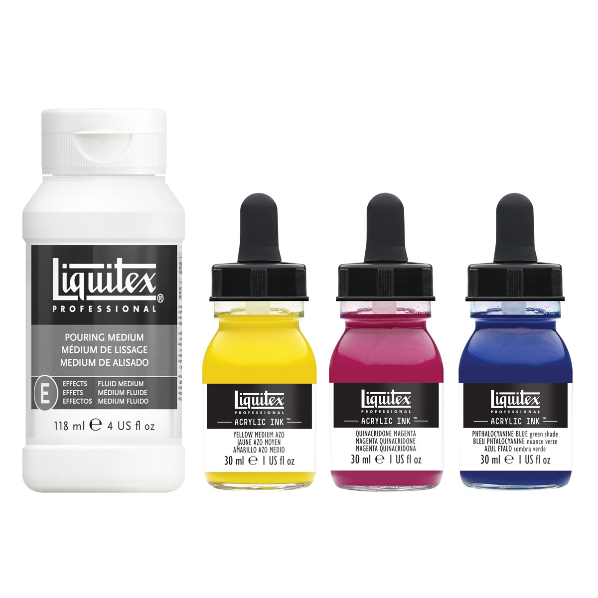 Conjunto de técnica derrame com 3 tintas acrílicas de 30 ml e 1 Médio de alisamento de 118 ml Cores primárias 4