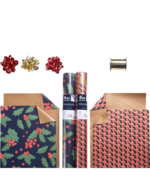 Imagen 0 de Kit 2 rollos de papel Navidad 4m. reversible con 3 lazos montados y 1 bobina de cinta Draeger