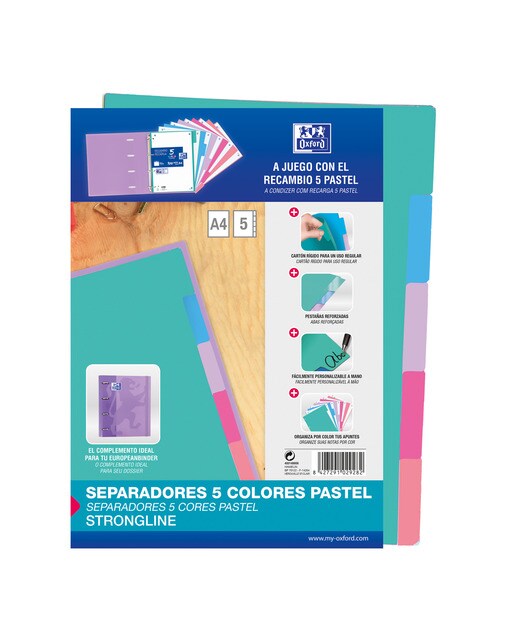 Imagem 0 de Separadores A4 com 5 posições e 4 orifícios em cartão Strongline Oxford de 200 g/m2 em cores pastel