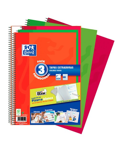 Imagem 0 de Pack de 3 Cadernos de Espiral Promos A4 80 Folhas Capa Extra Dura White&Erase Cores Vivas