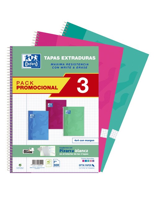 Imagen 0 de Pack 3 Cuadernos Espiral A4 80 Hojas Tapa Extra Dura White&Erase Oxford Colores Tendencia