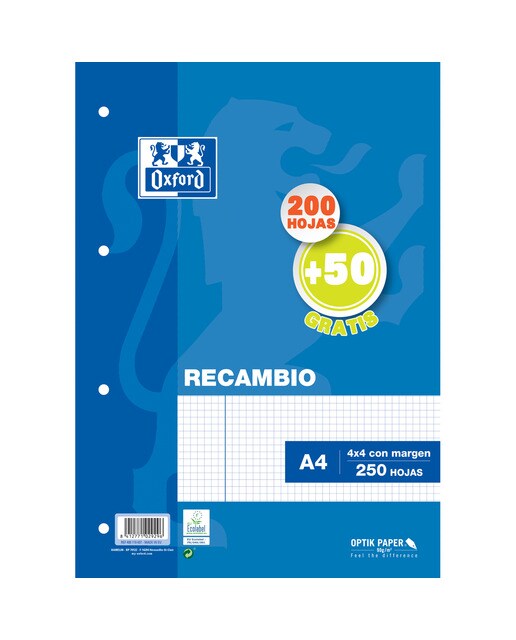 Imagen 0 de Recambio Paquete Promos A4 200 Hojas + 50 Hojas 4 taladros Oxford