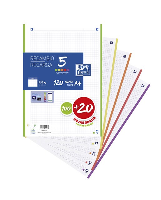 Imagen 0 de Recambio 100+20 Hojas Paquete A4 5X5  Oxford 5 Colores Banda Vivos - Promo