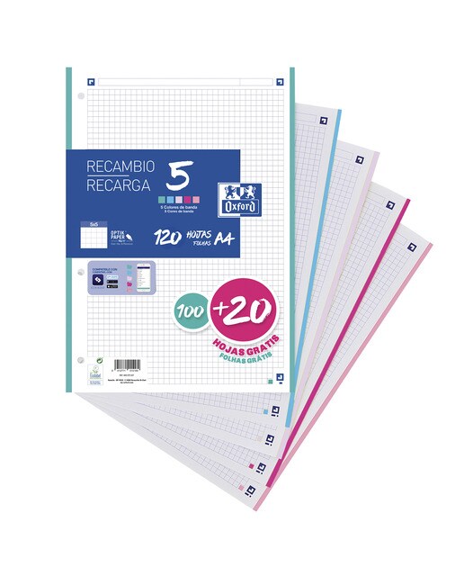 Imagen 0 de Recambio 100+20 Hojas Paquete A4 5X5  Oxford 5 Colores Banda Pastel - Promo