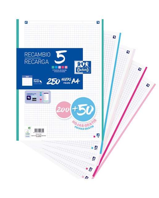 Imagem 0 de Recarga de 5 Embalagens com 200+50 Folhas Quadriculadas 5x5 Papel Optikpaper com 5 Cores Banda - Pastel