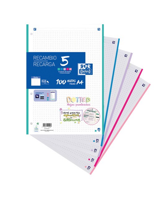 Pacote de recarga A4 com 100 folhas de pontos e 5 cores de riscas pastel School Oxford Branco-1