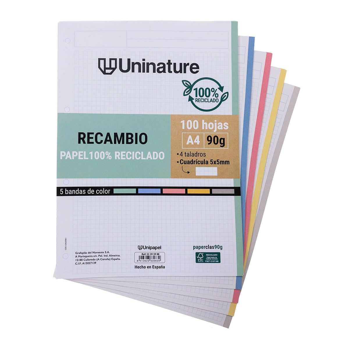 Imagen 0 de Recambio A4 cuadrícula 5x5 con 5 bandas de colores Uninature Grafoplás