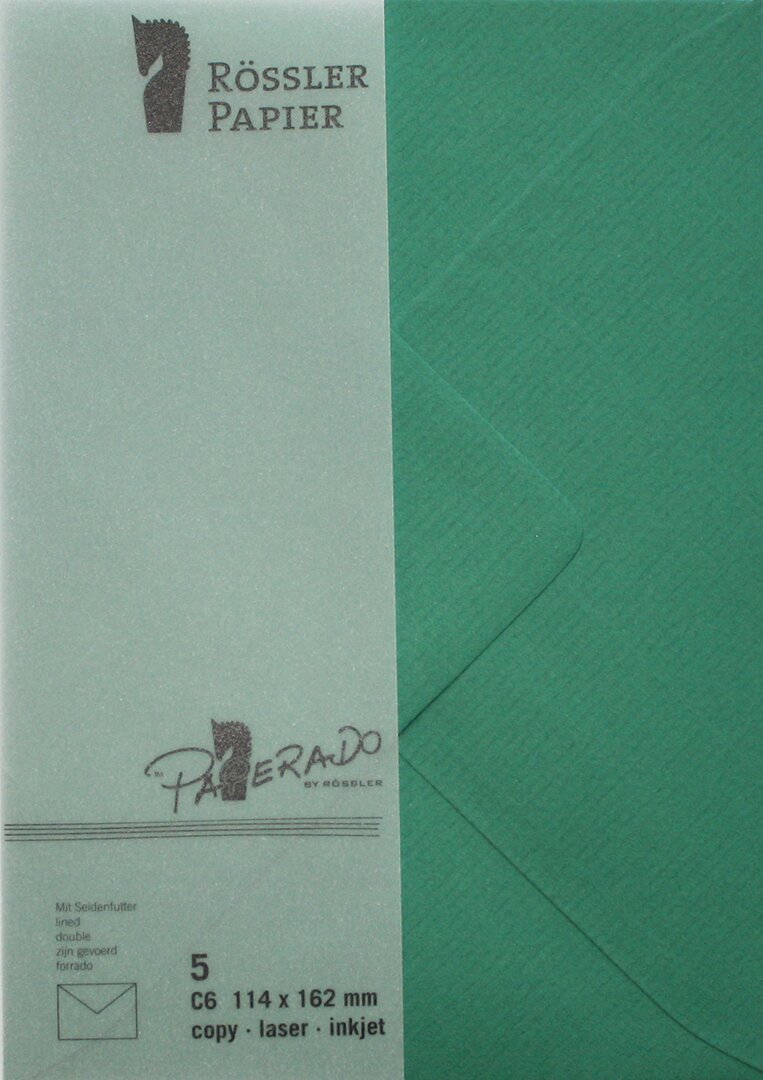 Pack de 5 unid. Envelope C6 com interior forrado verde azevinho Rossler 1