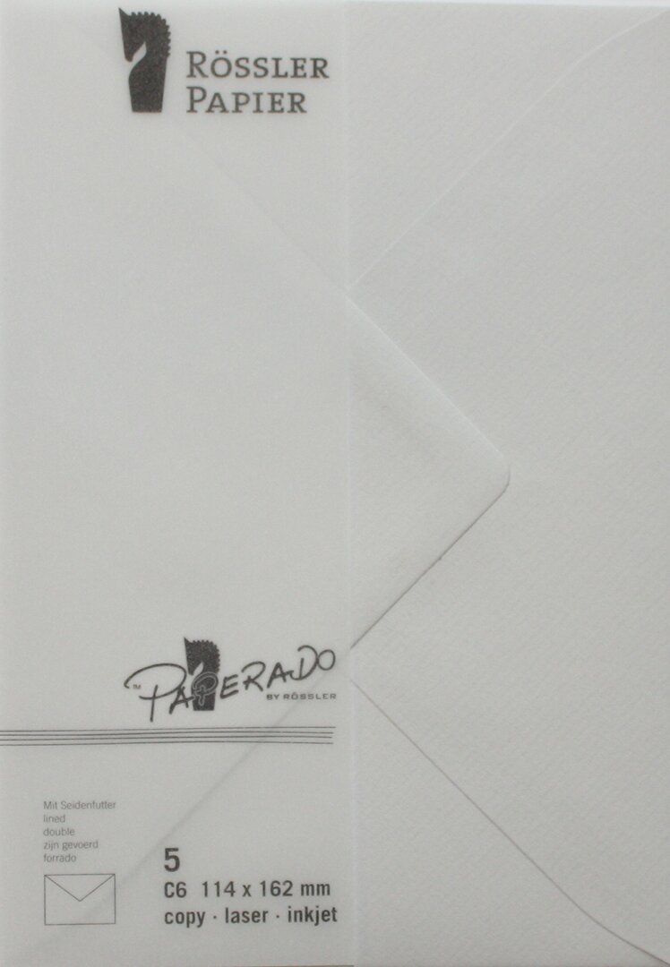 Pack 5 unids. Envelope C6 com interior forrado cinzento-pérola Rossler 1
