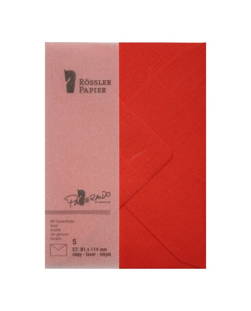 Pack 5 unids. Envelope C7 com interior forrado vermelho tomate Rossler 1