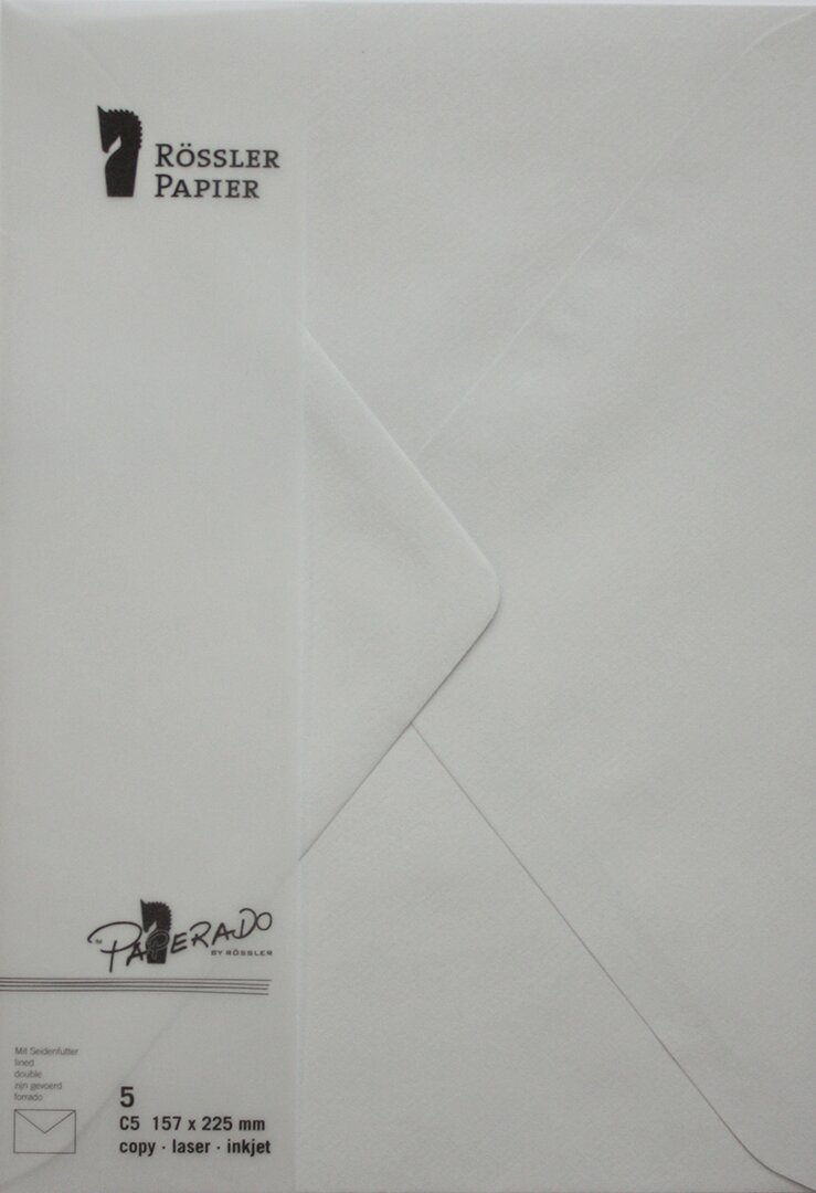 Pack de 5 unid. Envelope C5 com interior forrado cinzento-pérola Rossler 1