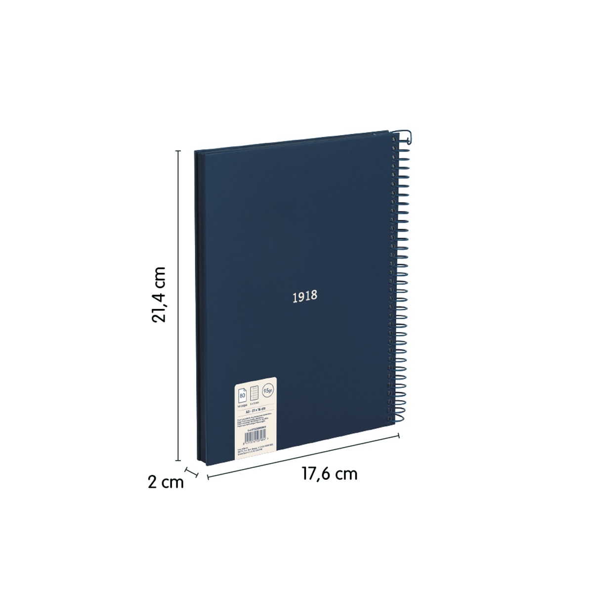 Cuaderno A5 con espiral y tapa dura, papel cuadriculado (5 x 5 mm), 80 hojas de 95 gr/m², colección 430 since 1918, azul Azul-3