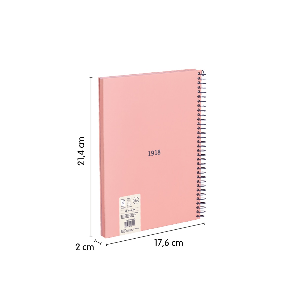 Cuaderno A5 con espiral y tapa dura, papel cuadriculado (5 x 5 mm), 80 hojas de 95 gr/m², colección 430 since 1918, rosa Rosa-3