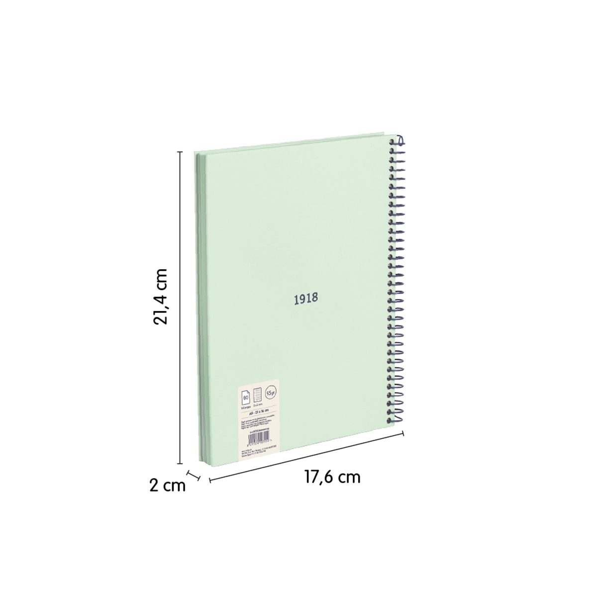 Cuaderno A5 con espiral y tapa dura, papel cuadriculado (5 x 5 mm), 80 hojas de 95 gr/m², colección 430 since 1918, verde Verde-3