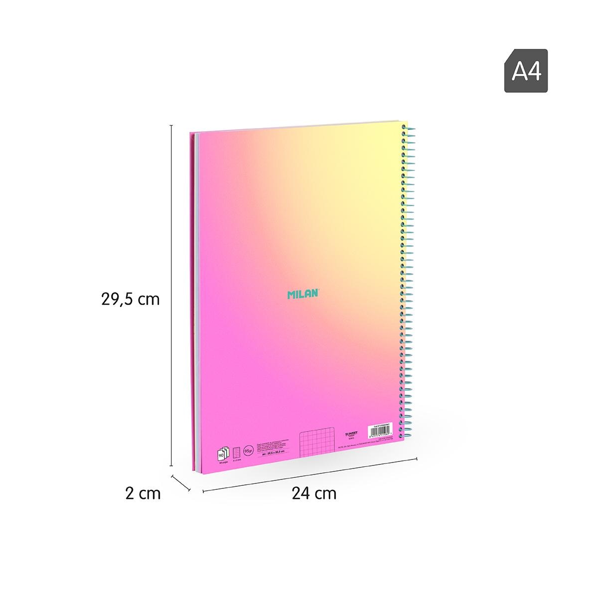 Caderno A4 com Espiral e Capa Dura, Papel Quadriculado, 90 Folhas de 95gr/m², Coleção Sunset - Rosa Rosa / Amarelo-3