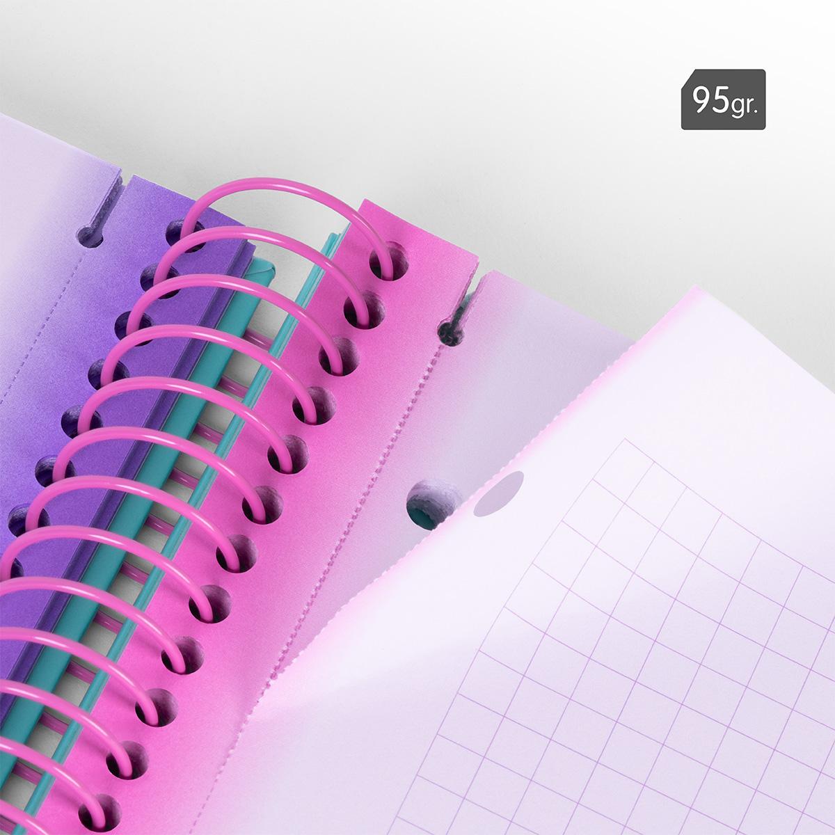 Caderno A4 com Espiral e Capa Dura, Papel Quadriculado, 90 Folhas de 95gr/m², Coleção Sunset, Lilás Lilás / Verde-6