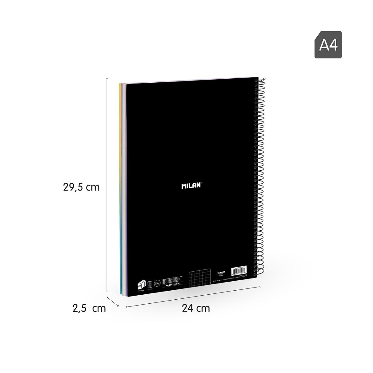 Caderno A4 com Espiral e Capa Dura, Papel Quadriculado, 120 Folhas de 95 gr/m², Coleção Sunset Preto / Multicolor-3