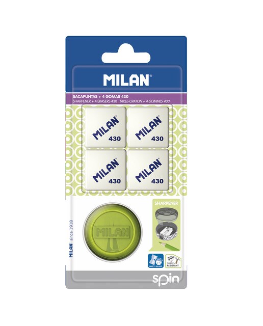 Blister sacapuntas Spin + 4 gomas Milan 430 1