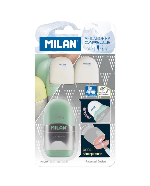 Imagem 0 de Blister com Afia-borracha Capsule Silver + 2 Borrachas de Recarga Milan