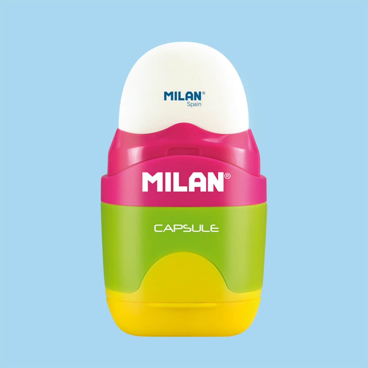 Combinación de goma de borrar y sacapuntas con depósito. Diseño CAPSULE serie Mix Milan 2