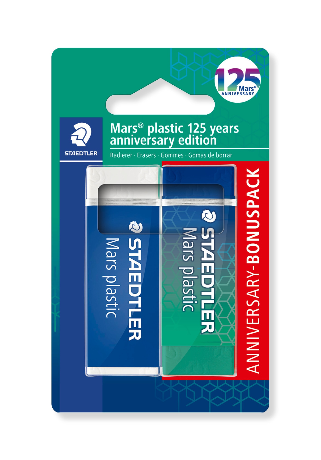 Imagen 0 de Blíster 2 gomas de borrar STAEDTLER Mars 120 Aniversario (azul-verde)