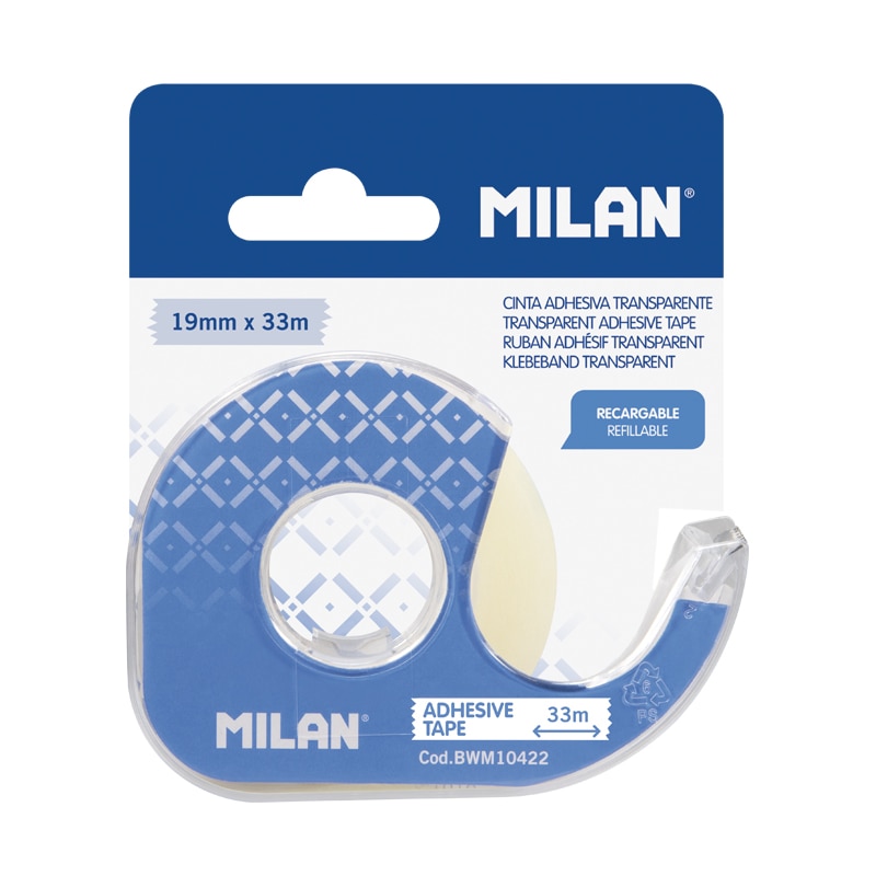 Blíster dispensador cinta adhesiva, MILAN, transparente brillante 19 mm x 33 m Azul-1