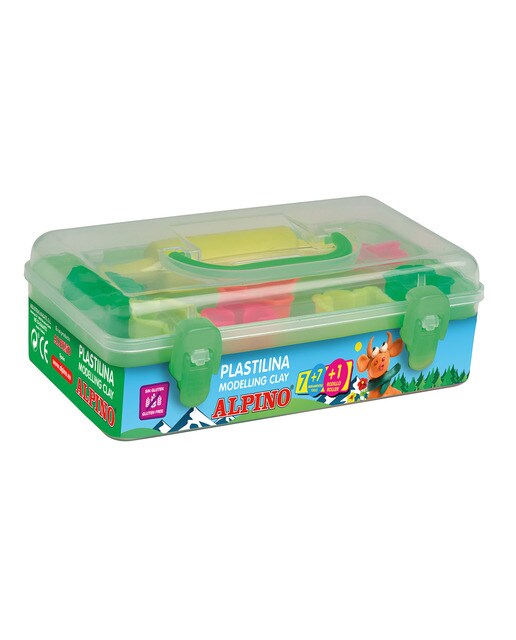 Kit de caixa de 7 plasticinas +7 formas + rolo Alpino 1