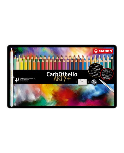 Lápis de Cor Giz-Pastel CarbOthello ARTY+ Estojo Metálico 48 Cores com Borracha, Afias e Difuminio Preto-1