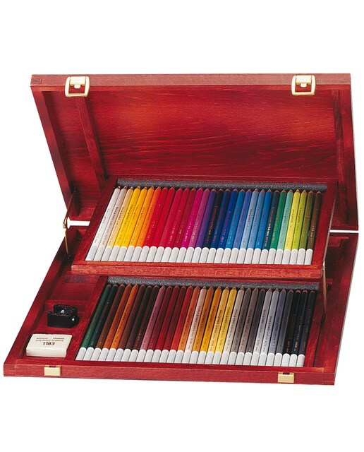 Maletín de madera con 60 lápices de color Tiza-Pastel CatbOthello STABILO Multicolor + sacapuntas + goma de borrar + difuminador Multicolor-1