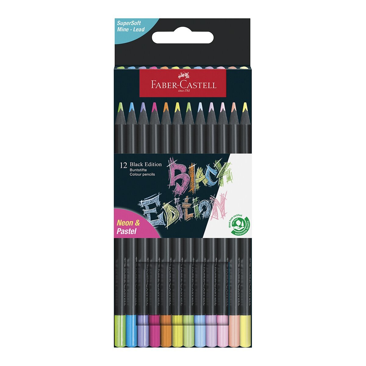Imagen 0 de Pack con 12 lapiceros de color Black Edition Faber-Castell neón y pastel