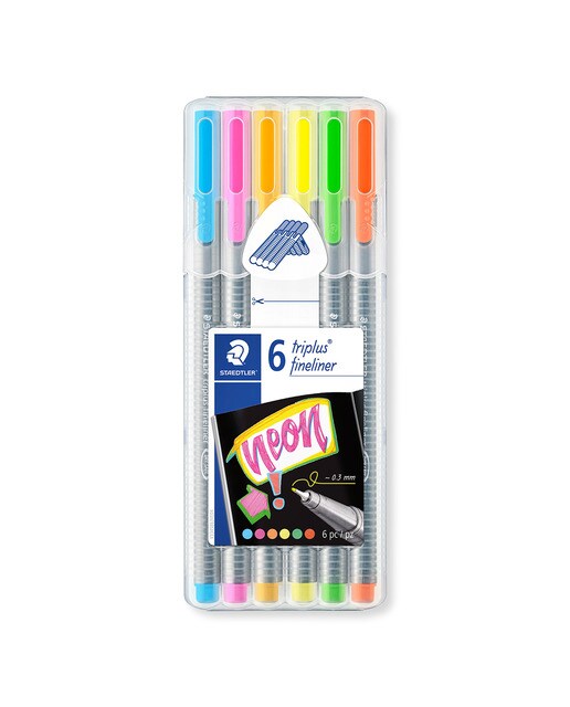 Estojo de 6 marcadores triangulares Triplus Fineliner 334 cores néon 1