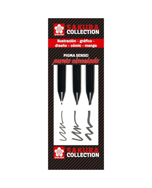 Imagen 0 de Set de Tres Rotuladores Pigma Sensei de Color Negro Varios Tamaños Punta Cincelada Sakura Multicolor