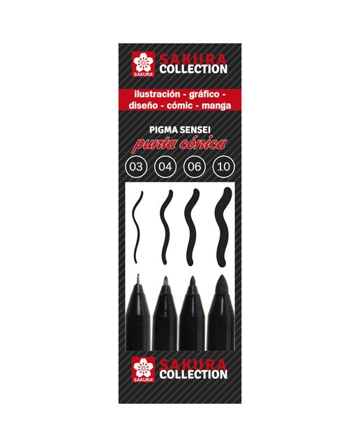 Imagen 0 de Set de Cuatro Rotuladores Pigma Sensei de Color Negro Varios Tamaños Punta Cónica Sakura Multicolor