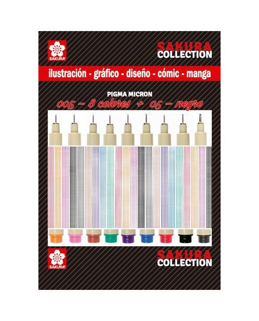 Imagem 0 de Conjunto de Nove Marcadores Pigma Mícron de Cores Tamanho 005 e Preto Tamanho 05 Sakura Multicolor