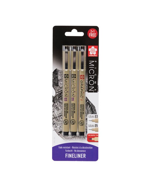 Conjunto de 2 Micron Real Graphic Grossura 03 e 05 - Preto Preto-1