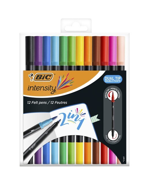 12 rotuladores de lettering de doble punta pincel y fina, surtido de colores BIC Intensity