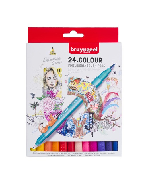 Conjunto de 24 Canetas de Feltro de Ponta Dupla Pincel e Ponta Fina - Multicolor Multicolor-1