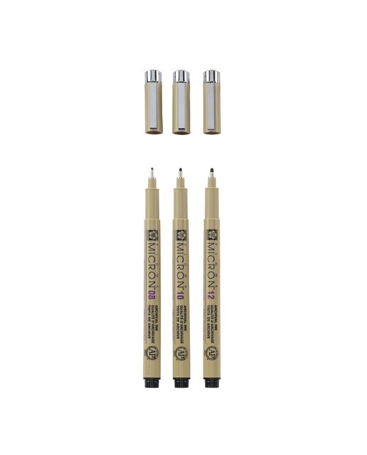 Conjunto de 3 Canetas de Feltro Calibradas Pigma Micron Diferentes Grossuras 08, 10 e 12 - Preto Preto-2
