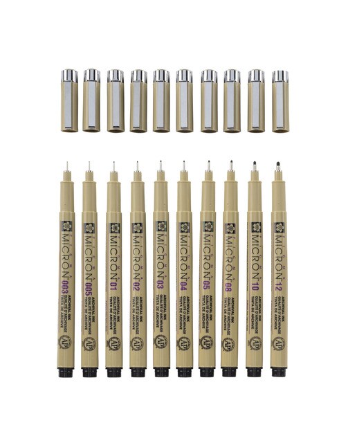 Conjunto de Dez Marcadores de Ponta Fina Pretos Pigma Micron - Multicolor 2