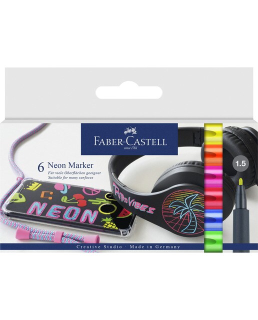 Caixa de cartão com 6 canetas marcadoras coloridas Faber-Castell Neon 1