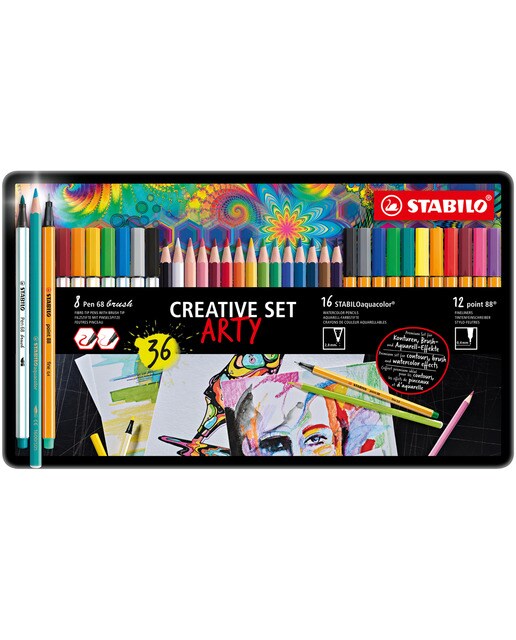 Estojo ARTY "Creative Set" com 12 Canetas de Feltro de Ponta Fina Point 88 + 8 Canetas de Feltro Premium Pen 68 + 12 Lápis de Cor Aguarelável Aquacolo Multicolor-1