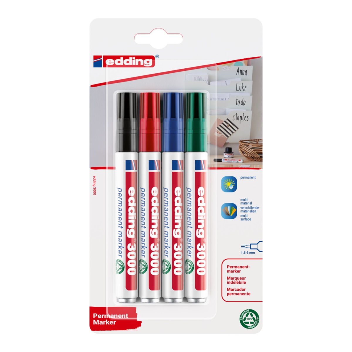 Imagen 0 de Blister con 4 marcadores Edding 3000 surtido en colores Edding