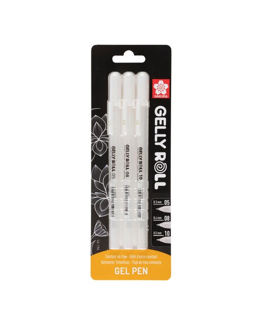 Conjunto de 3 Canetas de Feltro de Gel Diferentes Grossuras 05, 08 e 10 - Branco Branco-1
