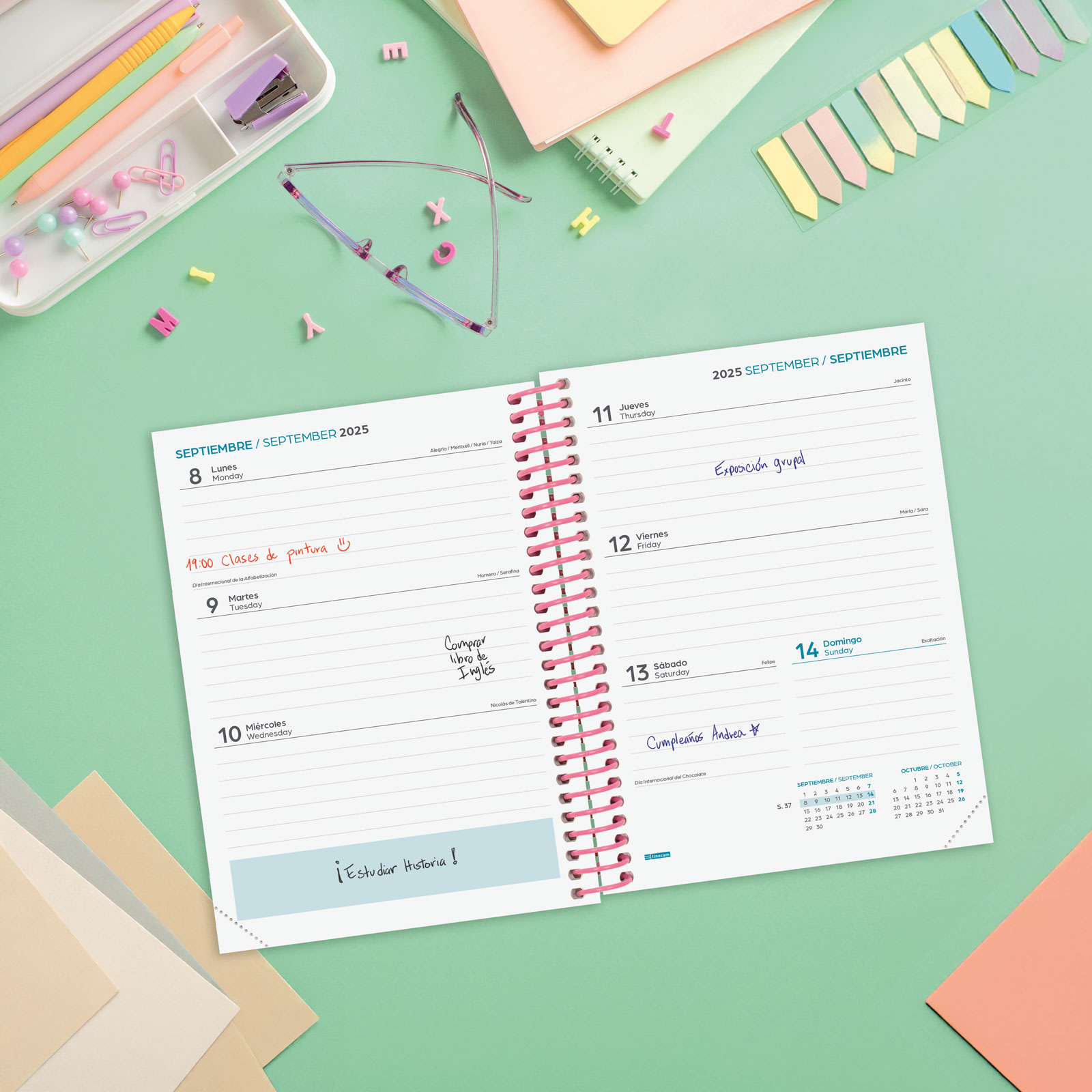 Agenda curso 2025-2026 Diva 1/8-120x164 mm semana vista horizontal Spring Finocam multilingüe Multicolor-3