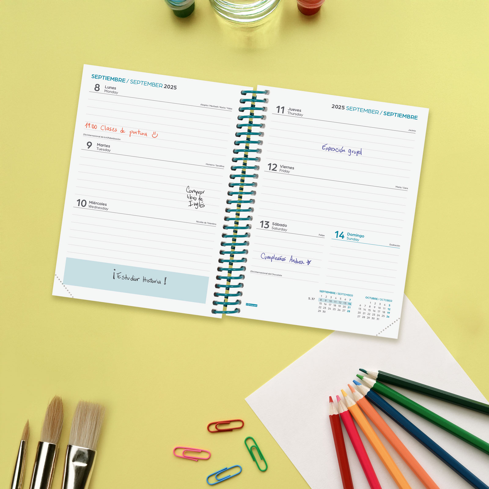 Agenda curso 2025-2026 Diva 1/8-120x164 mm semana vista horizontal Colors Finocam multilingüe 3