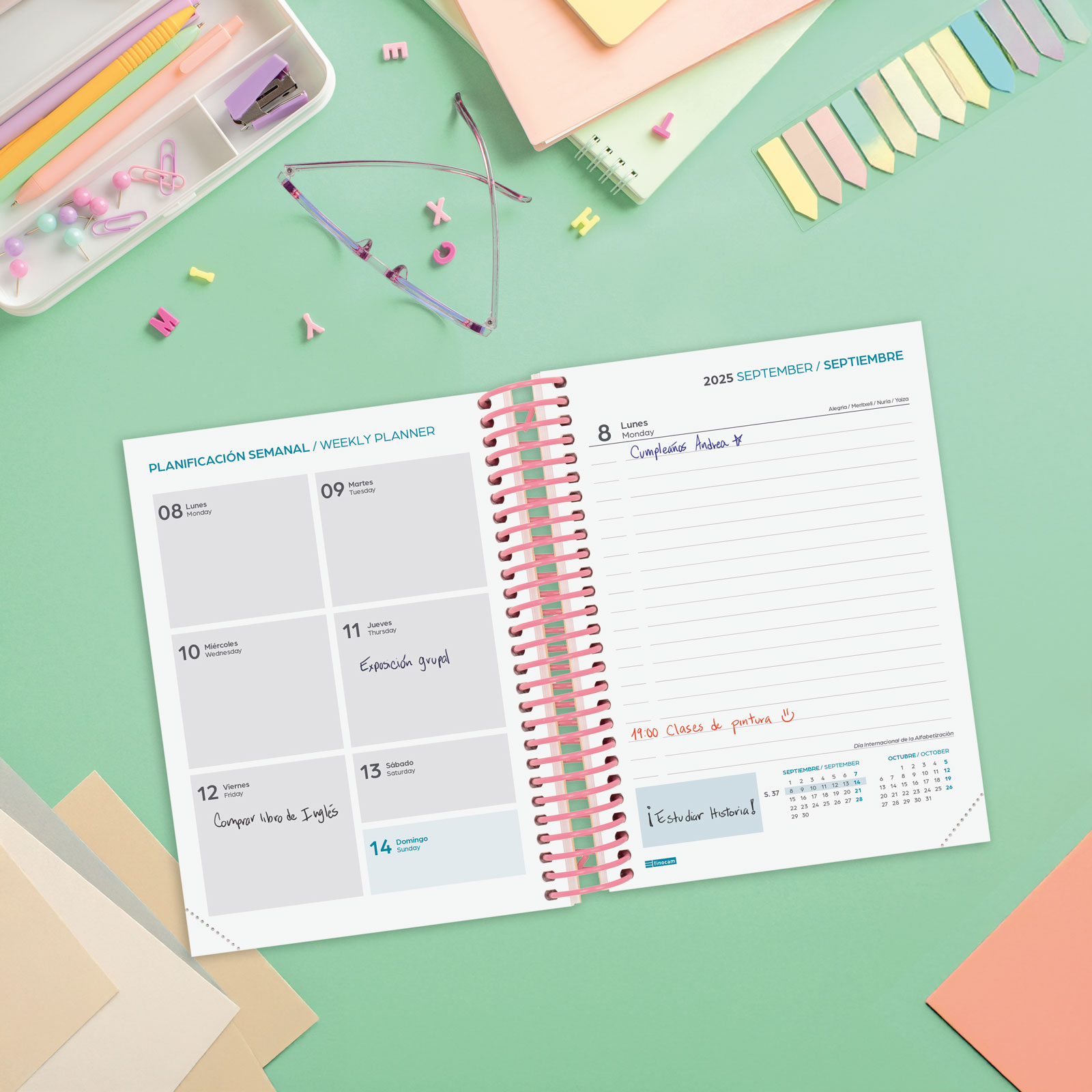 Agenda curso 2025-2026 Diva 1/8-120x164 mm 1 día página Spring Finocam multilingüe Multicolor-3