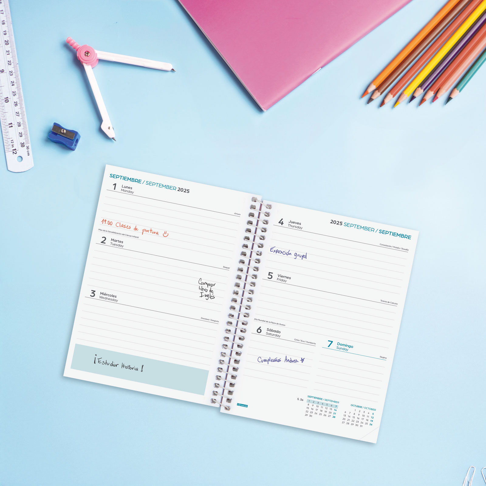 Agenda curso 2025-2026 Cool 1/8-120x164 mm semana vista horizontal Finocam rosa multilingüe Rosa-3